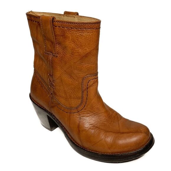 Frye Carmen Cross X Stitch Cognac Brown Leather Pull On Ankle Short Boots 6 - Picture 1 of 9